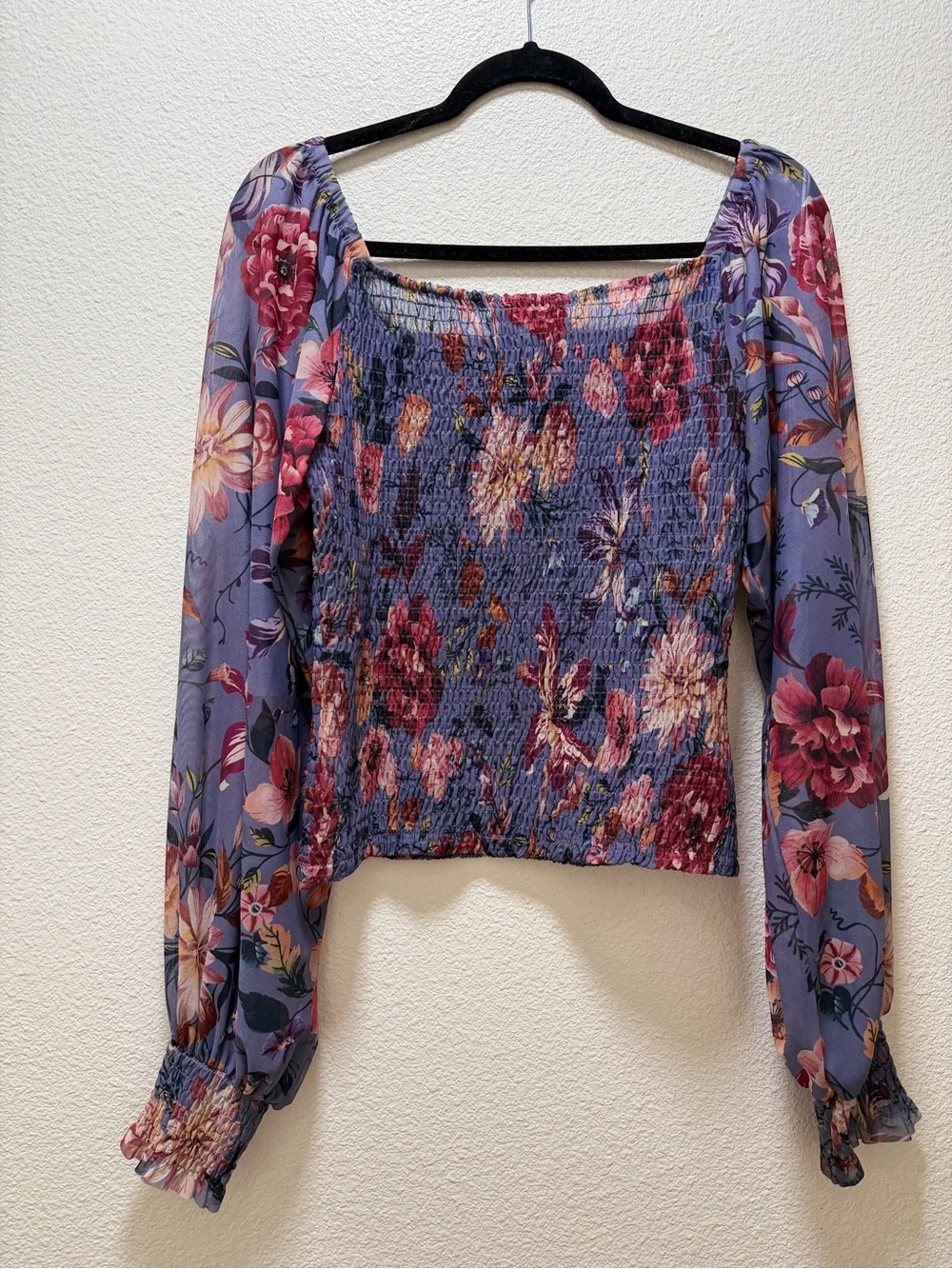Anthropologie Floral Pattern on Periwinkle Rouen Top with Cuffed Long Sleeve